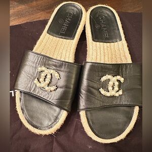 Chanel lamb skin jute sole slides with pearl and crystal double C logo